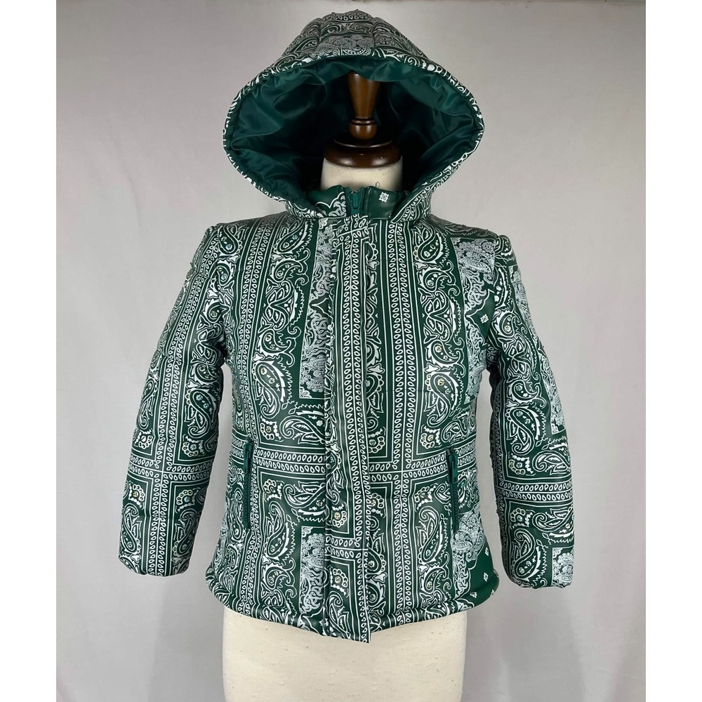 Euc Prettylittlething Green Bandana Hooded Puffer Jacket Womens Size Small